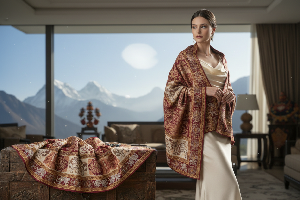 put the handmade cashmere shawl on a lady